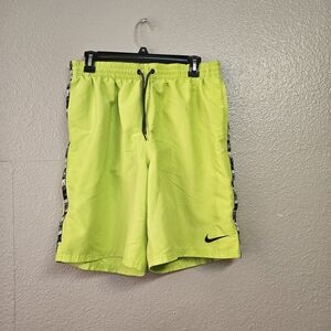 Nike Swim Trunks Mens L Neon Yellow Volt Athletic Shorts Mesh Lined Swoosh U262